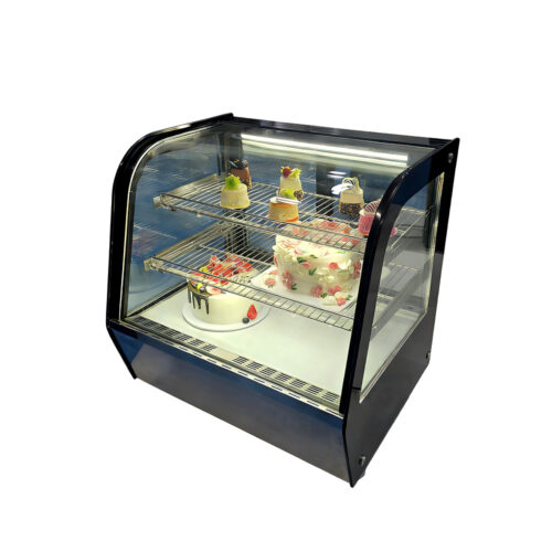 Full View Refrigerated Cake Display Showcase Black Curved Glass Countertop for Bakery Desserts