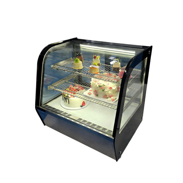 Full View Refrigerated Cake Display Showcase Black Curved Glass Countertop for Bakery Desserts