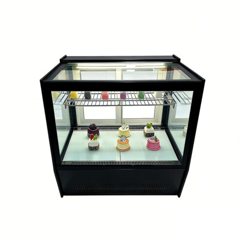 Black Curved Glass Refrigerated Cake Display Cabinet Countertop Type Full View for Bakery Desserts