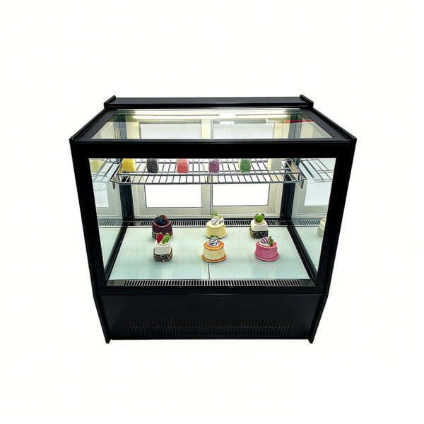 Black Curved Glass Refrigerated Cake Display Cabinet Countertop Type Full View for Bakery Desserts