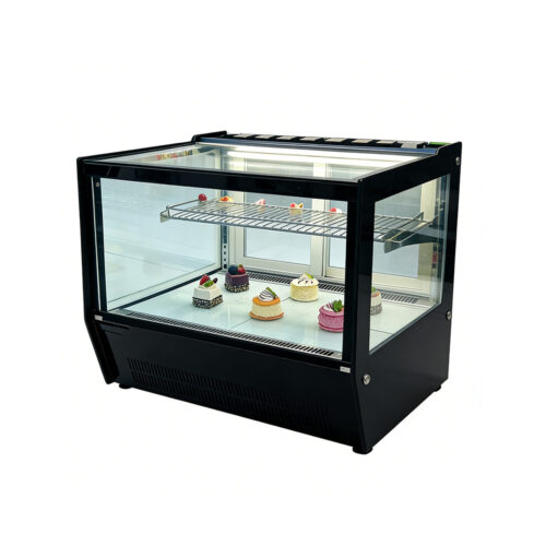 Black Countertop Refrigerated Cake Display Case with Curved Glass & Full View for Bakery Desserts